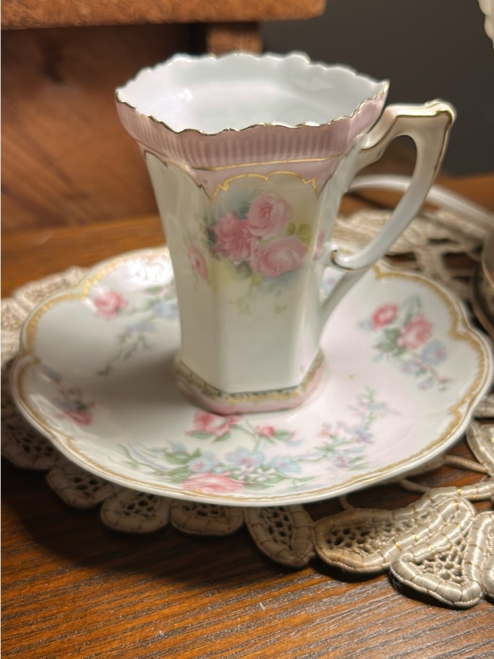 Haviland Pink Rose Porcelain Teacup & Saucer with Gold Trim